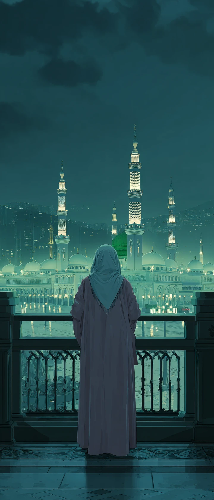 Anime mother on balcony facing illuminated grand mosque