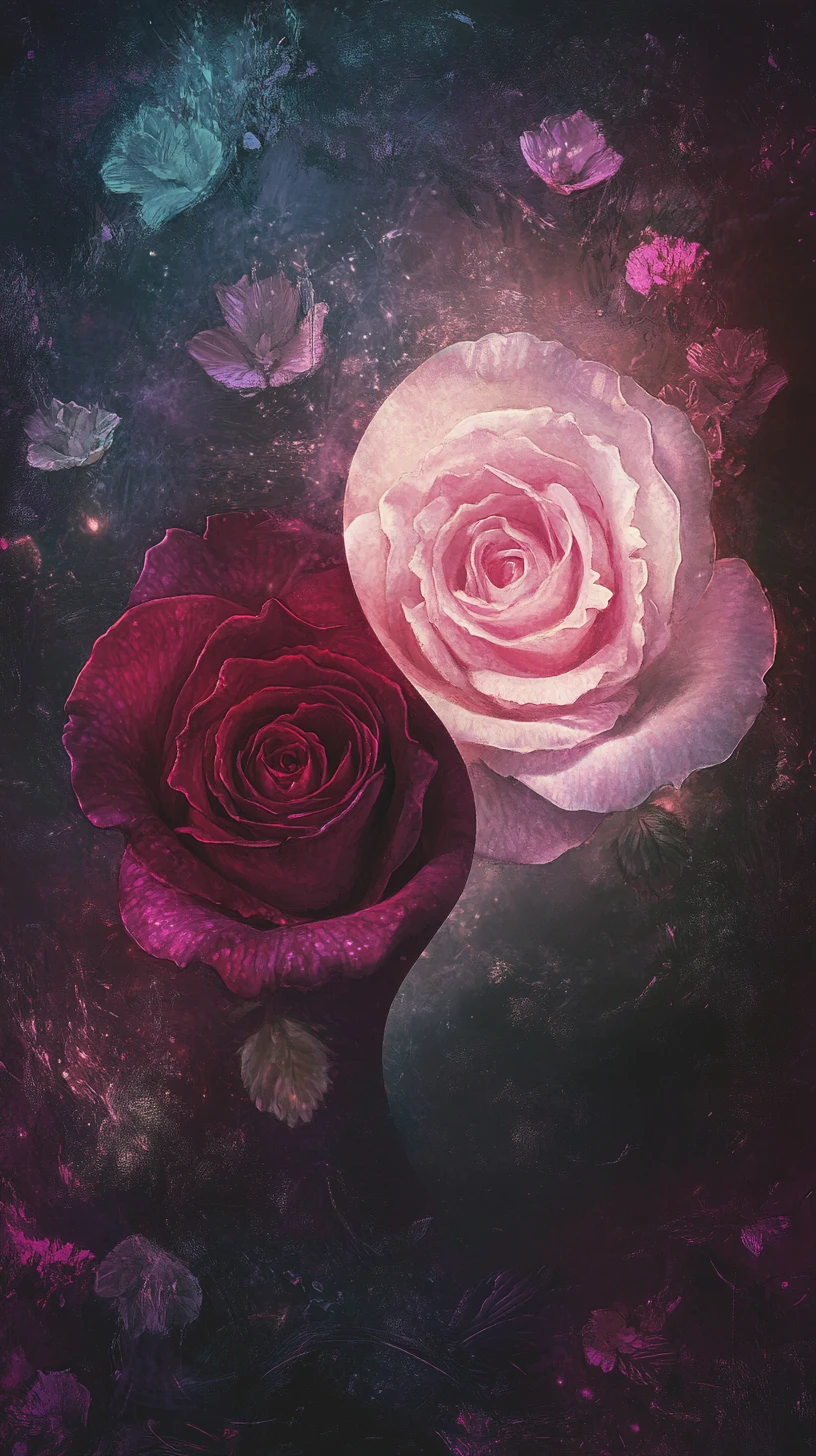 Zwei leuchtende Rosen in einem traumhaften Yin-und-Yang-Garten