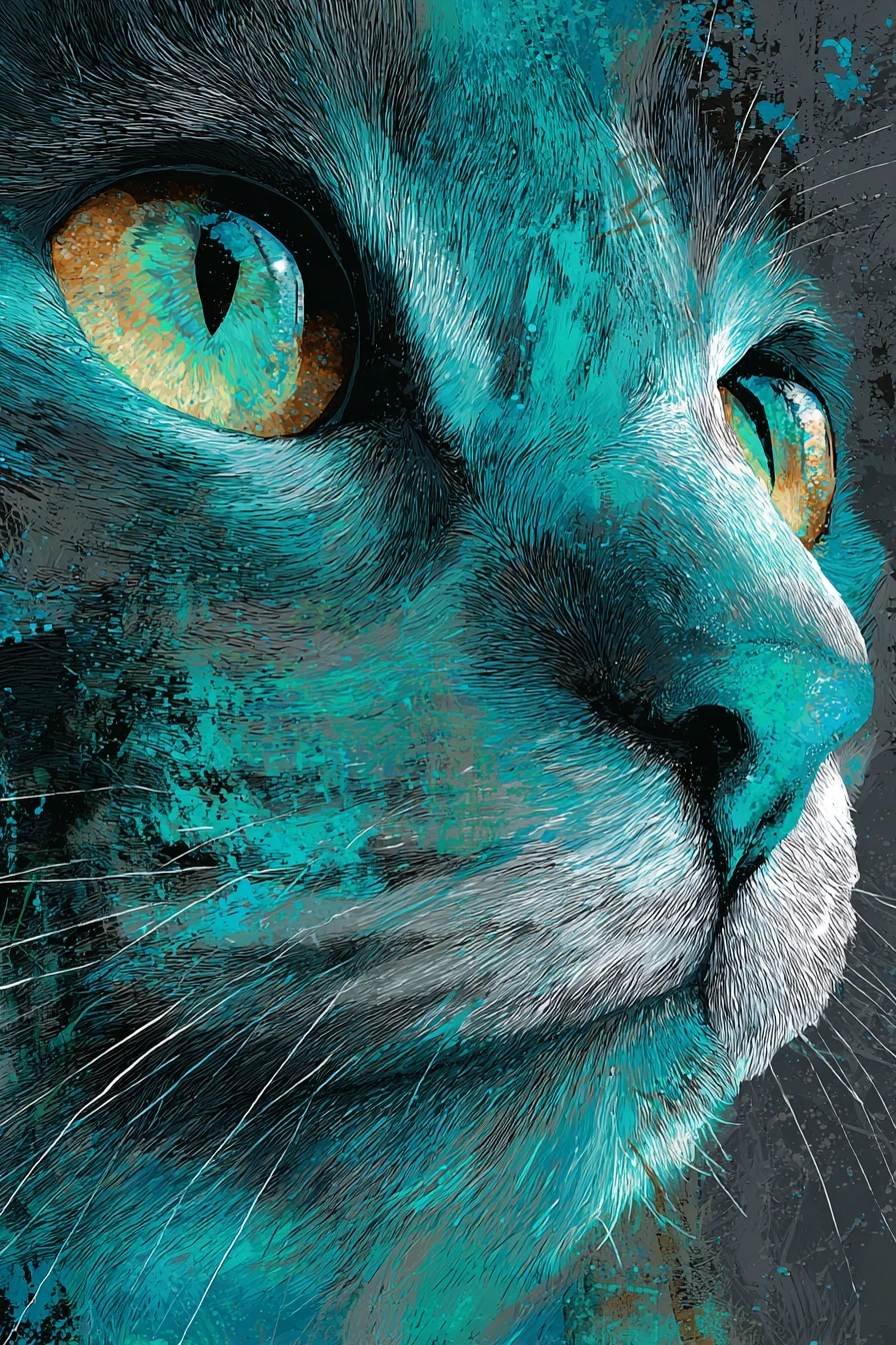 Retrato abstrato em close de um rosto de gato em tons de verde-azulado