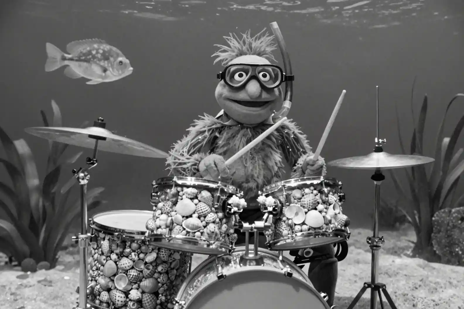 Unterwasser-Schlagzeuger spielt Muschel-Drums in Schwarz-Weiß