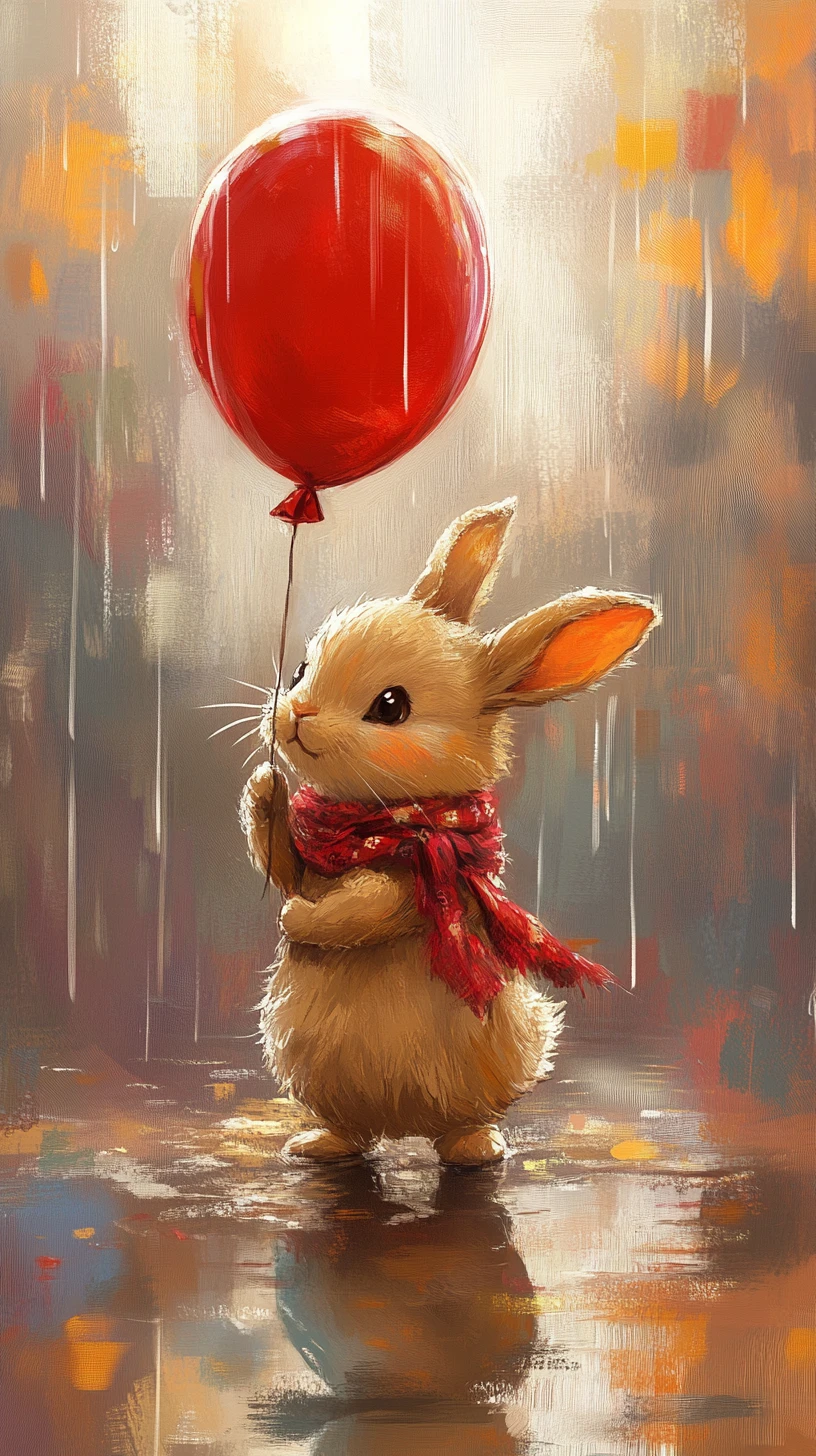 Coelhinho fofo com balão vermelho em poça de chuva refletiva