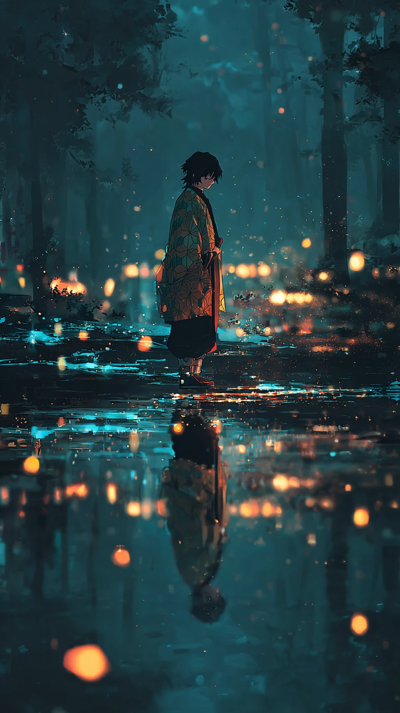 Anime boy in haori standing by moonlit forest water