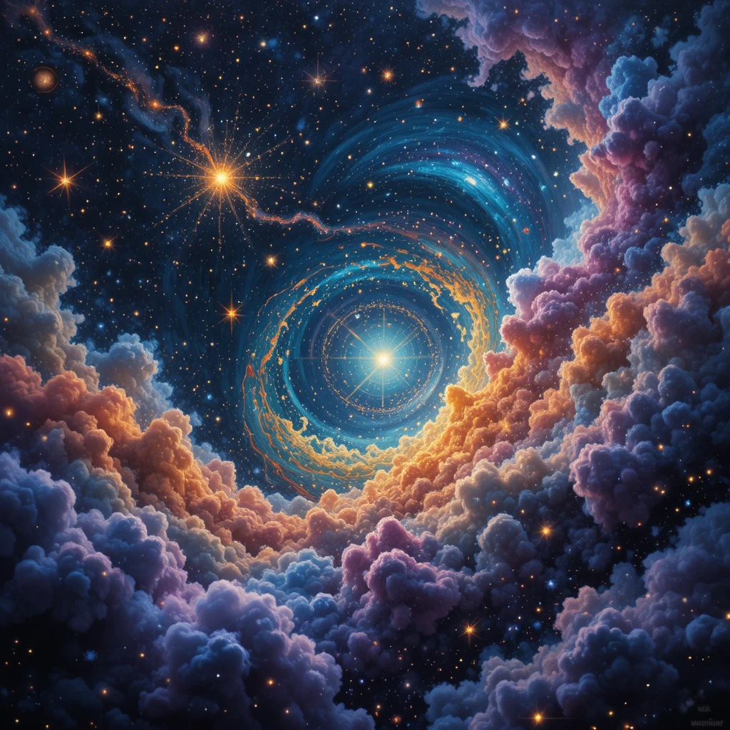 Pointillist view of a stellar nursery with glowing star clusters