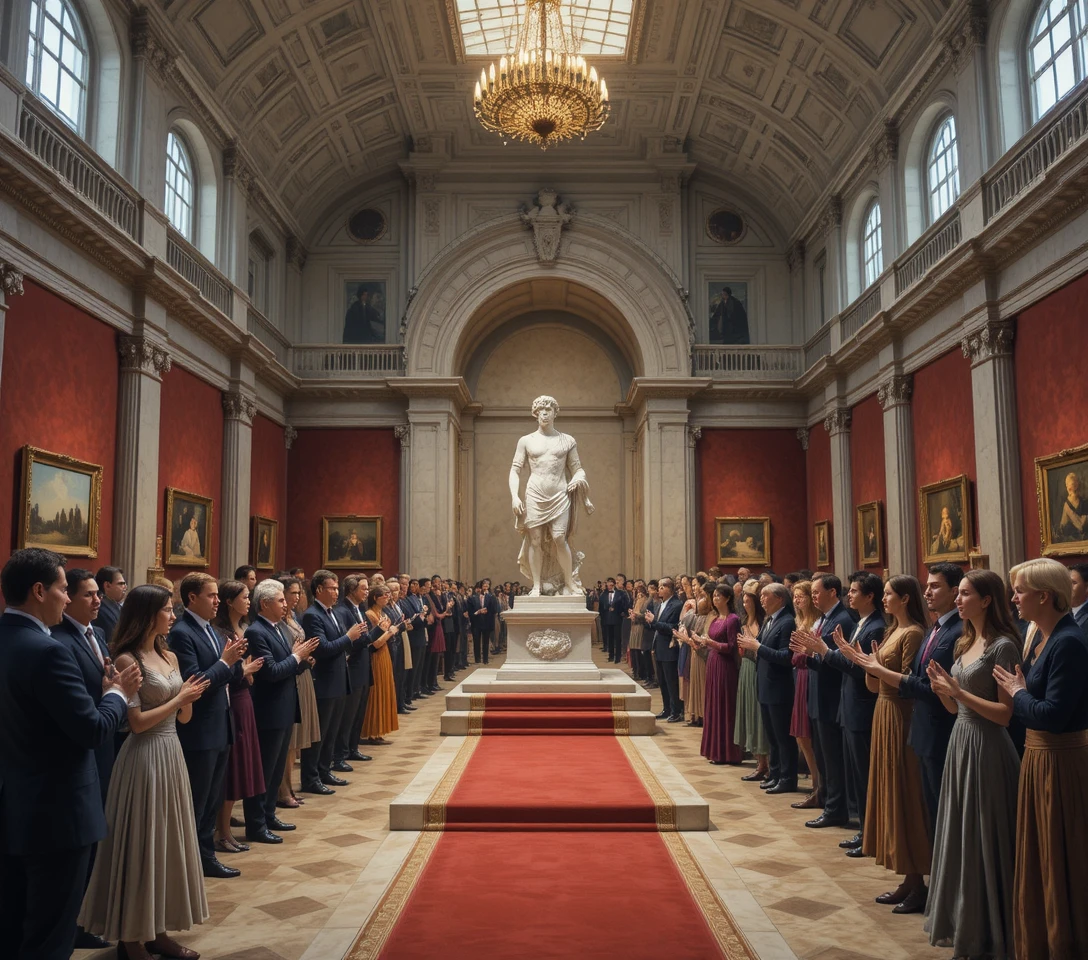 Eleganter Museumsabend mit Marmorskulptur und Publikum