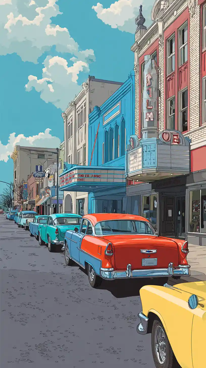 Colorate auto americane anni ’50 parcheggiate in una strada di una piccola città