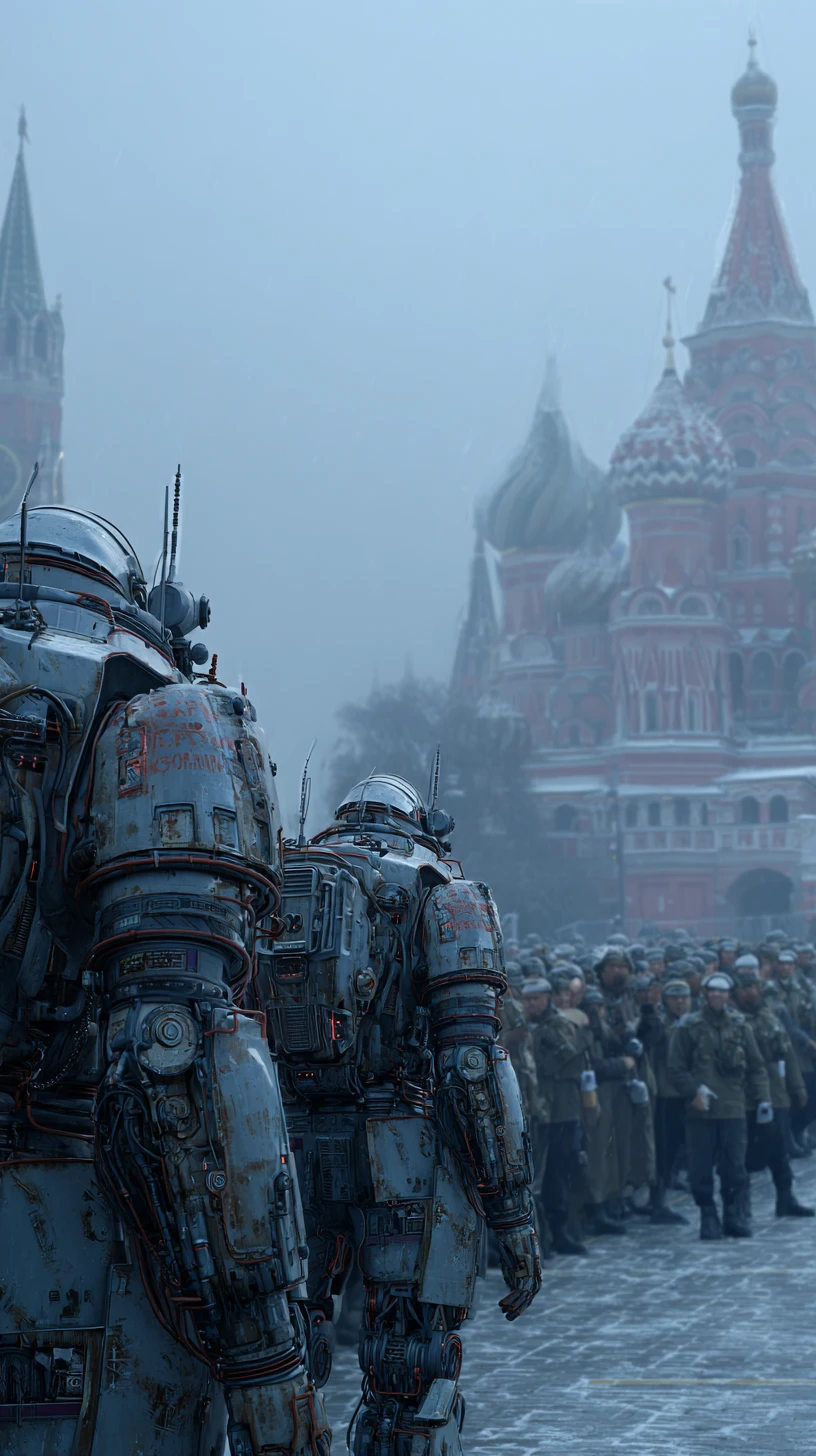 Mechas futuristas enfrentando soldados em uma praça de cidade em ruínas