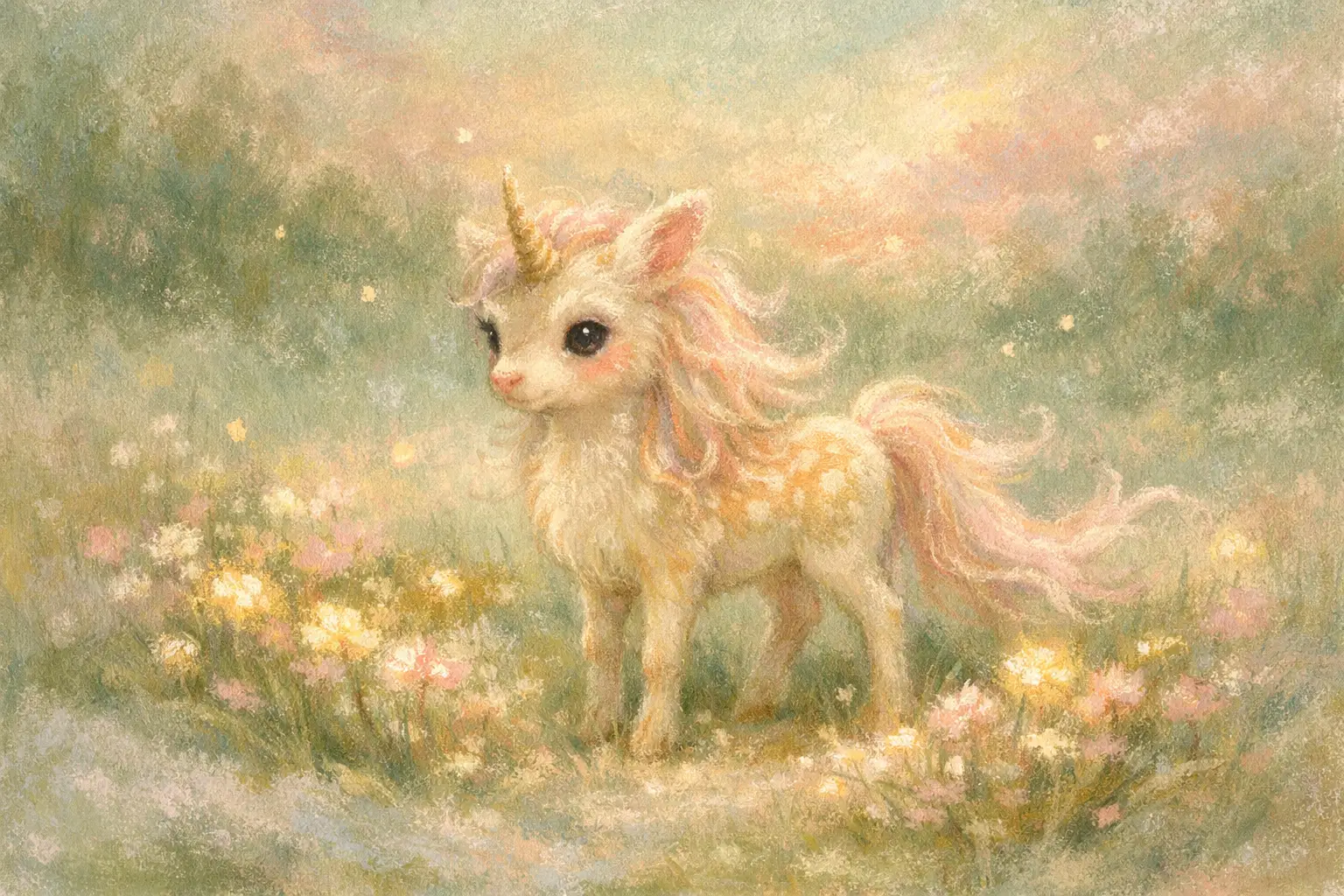 Winziger Kirin in einer nebligen Wiese mit leuchtenden Blumen