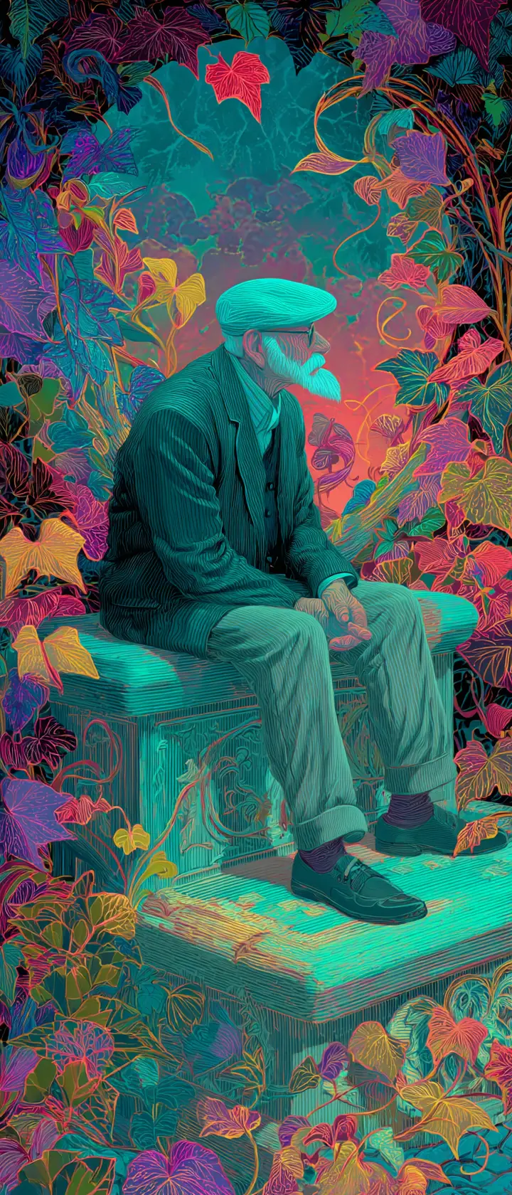 石椅上的老年男子與逐漸消逝的年輕自己