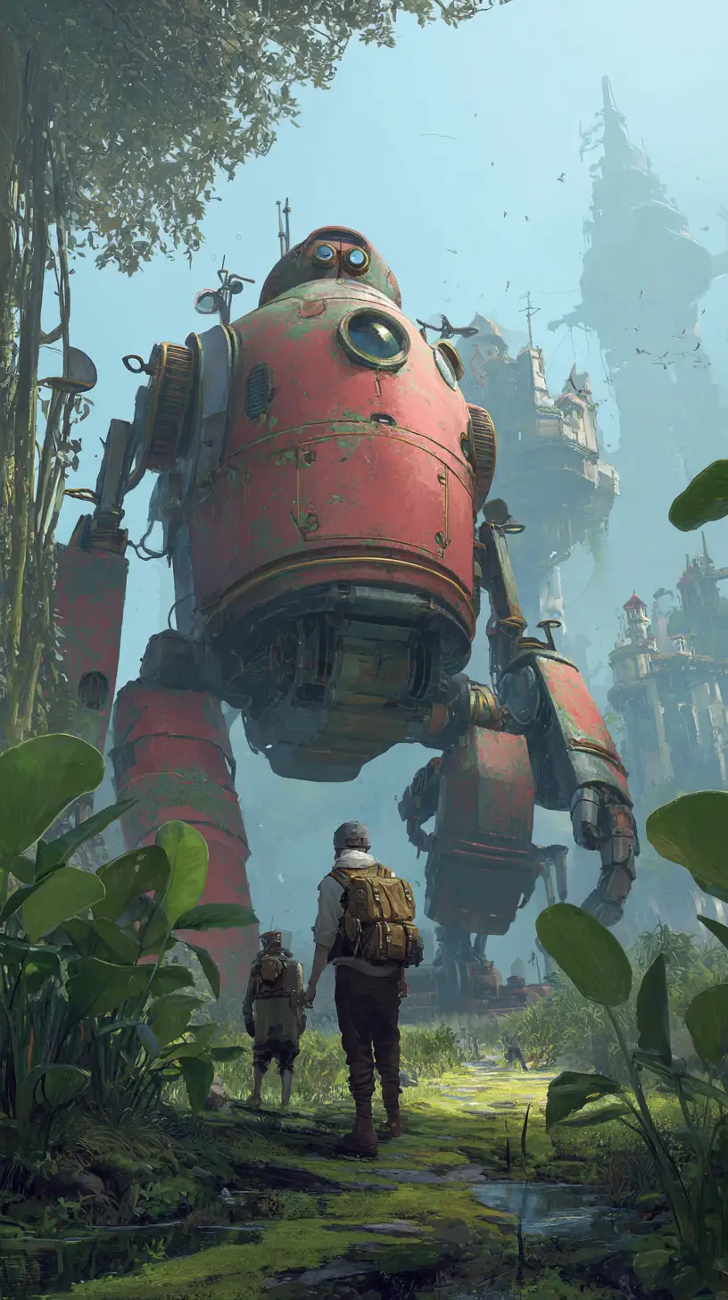 Entdecker führen Mechs durch weite außerirdische Landschaften