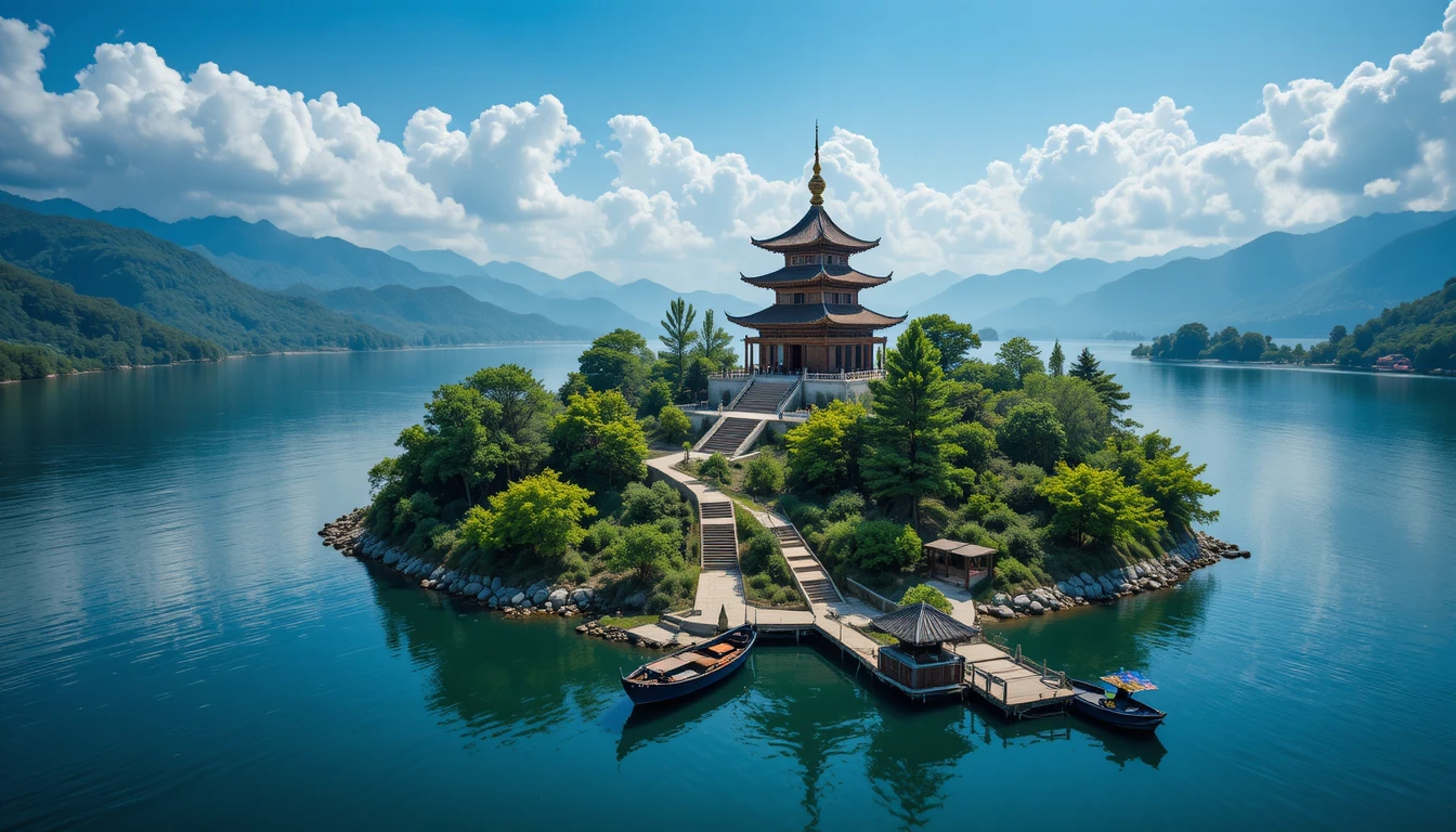 Aerial view of a serene island temple on blue lake