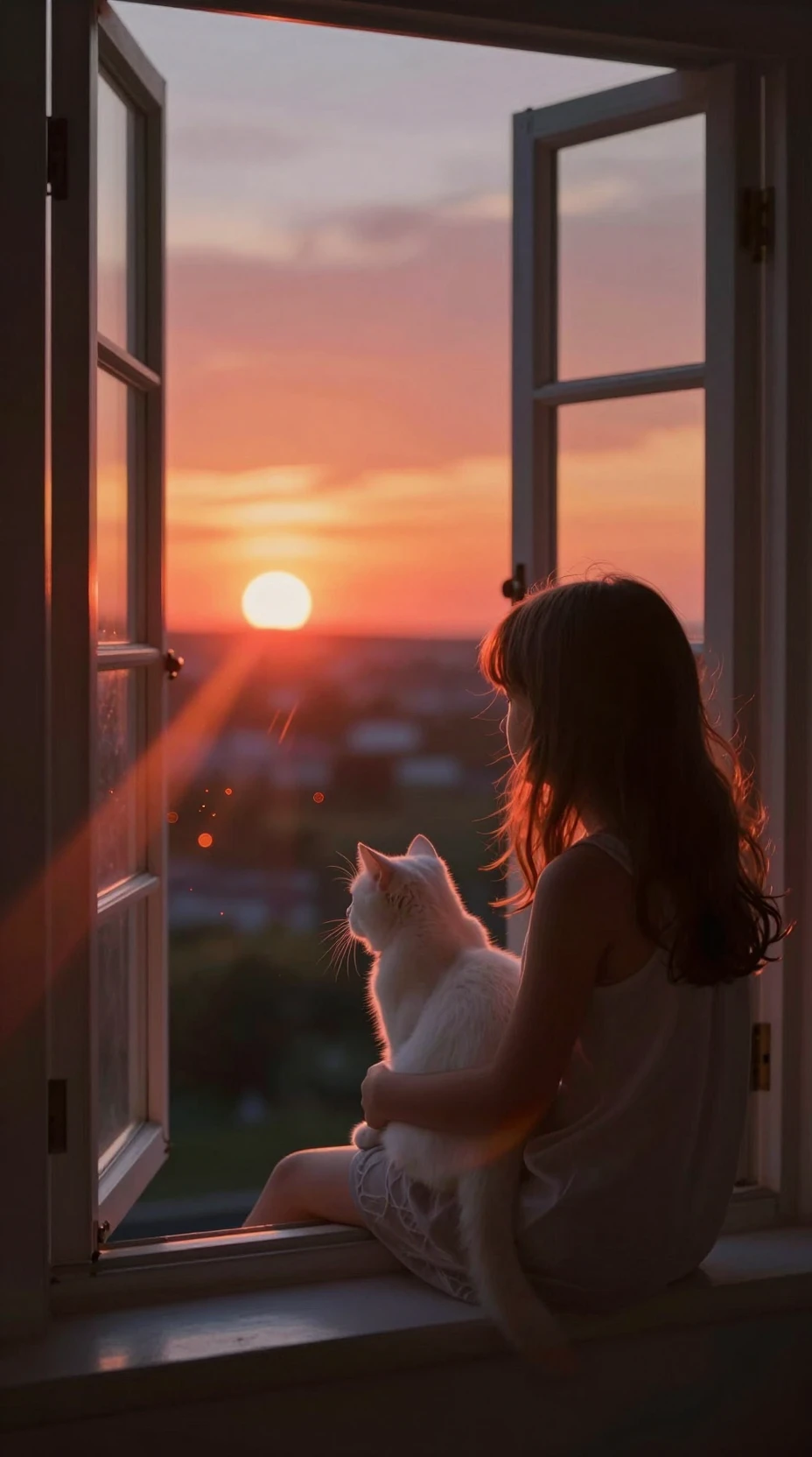 Fille avec Chaton au Coucher de Soleil sur une Fenêtre en Saillie