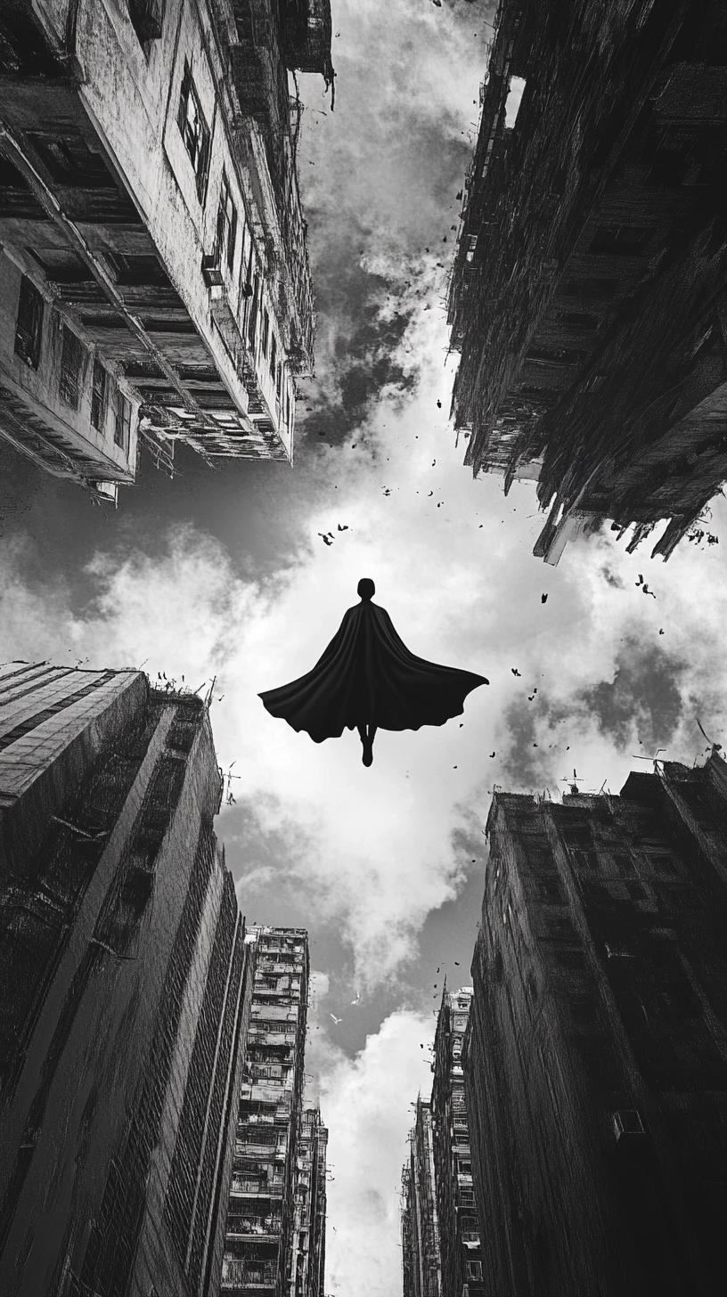 Super-herói do dia a dia voando à noite sobre as ruas da cidade