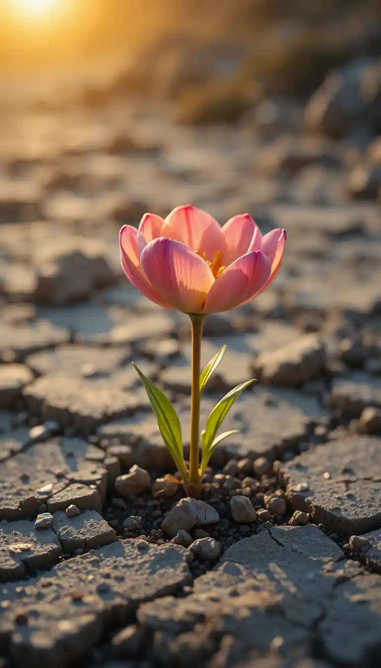 Golden flower blooming from cracked earth at sunrise
