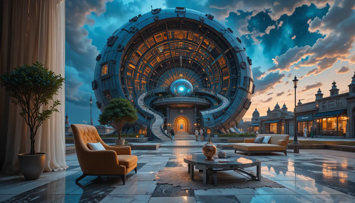 Futuristic spiral building glowing under a twilight sky