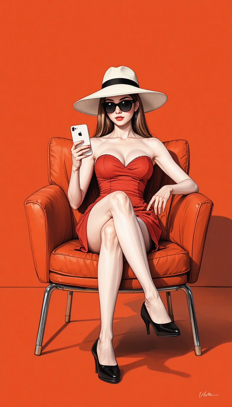 Mujer elegante con vestido rojo relajándose en una silla naranja