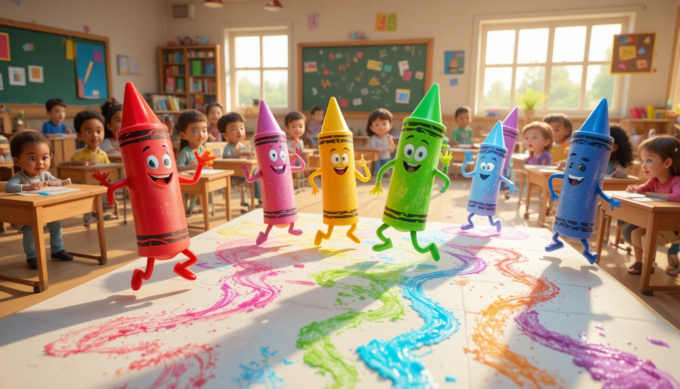 Colorful crayons dancing across paper in a happy classroom