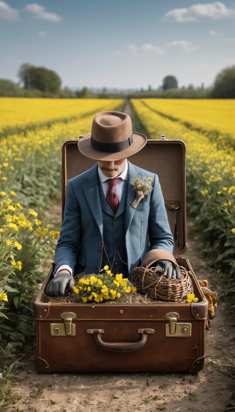 Pássaro vestido para o trabalho em campos de flores silvestres