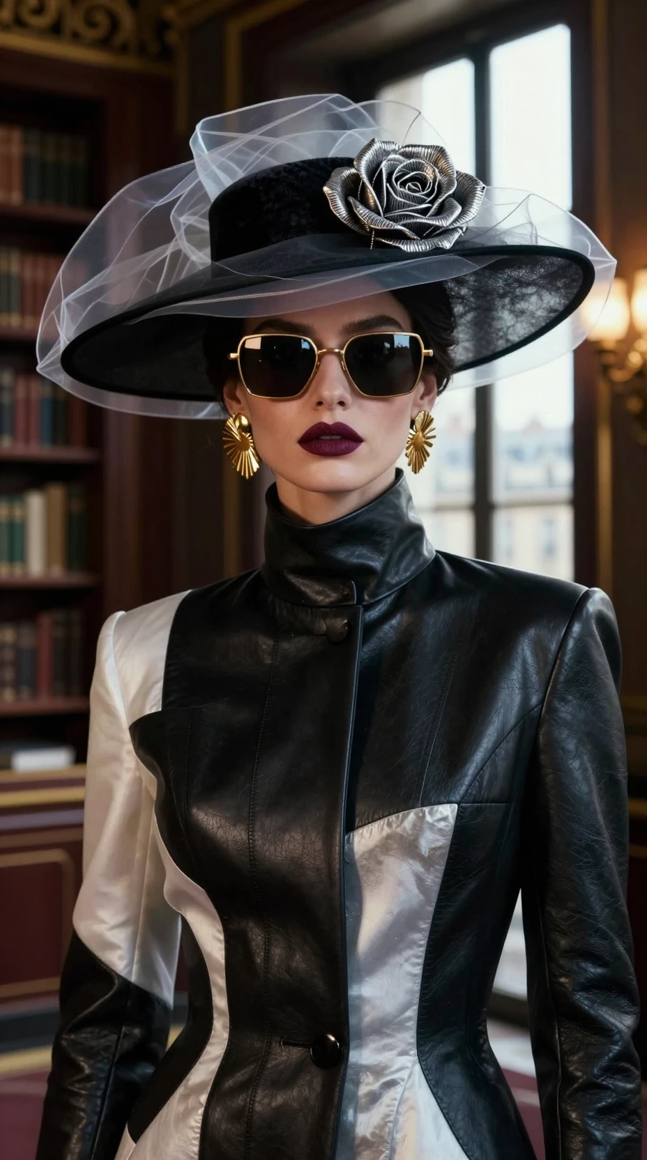 Retrato cinematográfico de uma mulher misteriosa em moda vanguardista