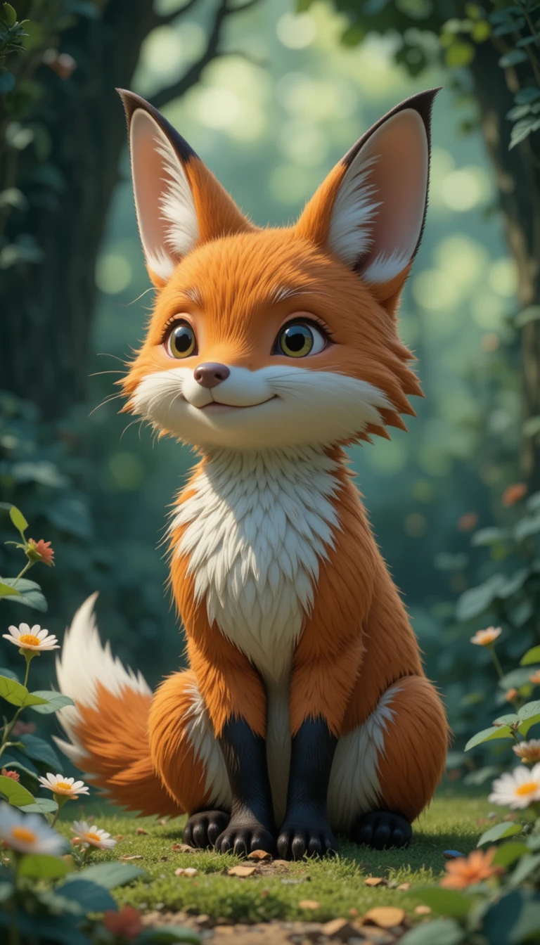 Raposa e borboleta em 3D em uma cena lúdica de livro ilustrado