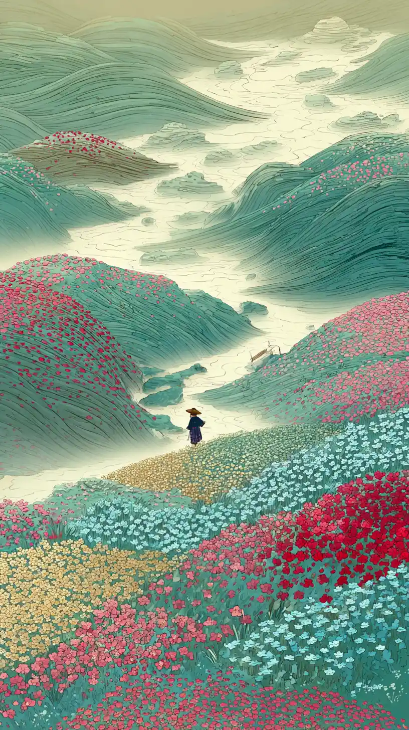 Ukiyo e spring hills with a small girl in flowers