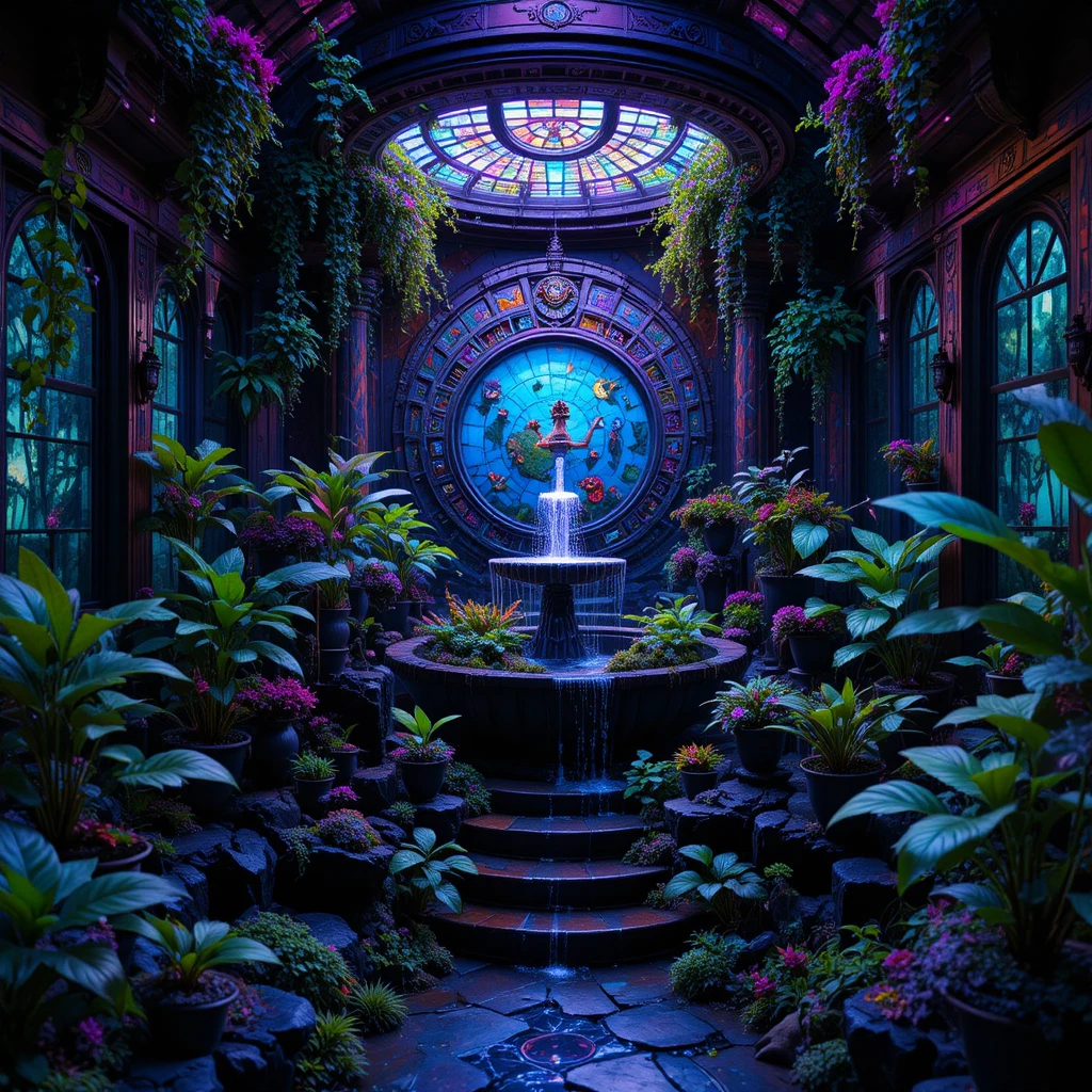 Unterwasser-Solarpunk-Gewächshaus mit Neon-Mosaikbrunnen