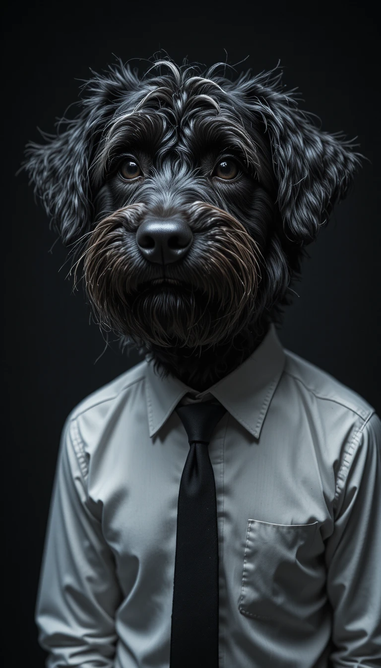 Retrato de cão preto desgrenhado de camisa e gravata
