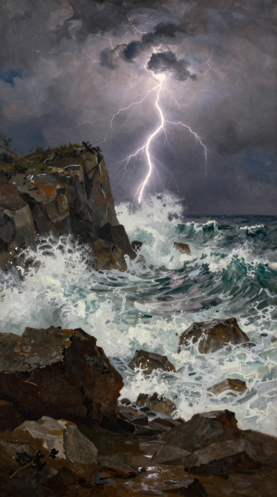Tempestade de relâmpagos sobre uma costa rochosa selvagem à noite