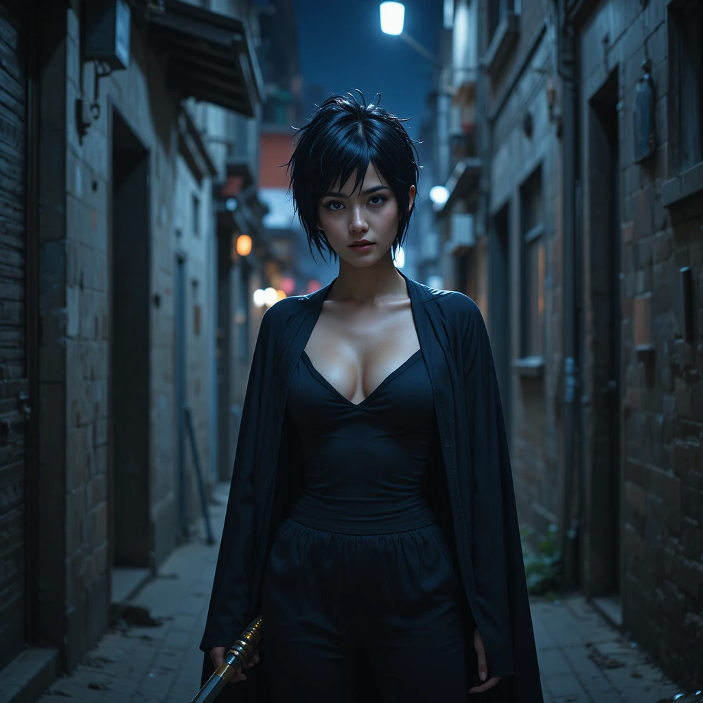 Dark haired warrior woman with sword in moonlit alley