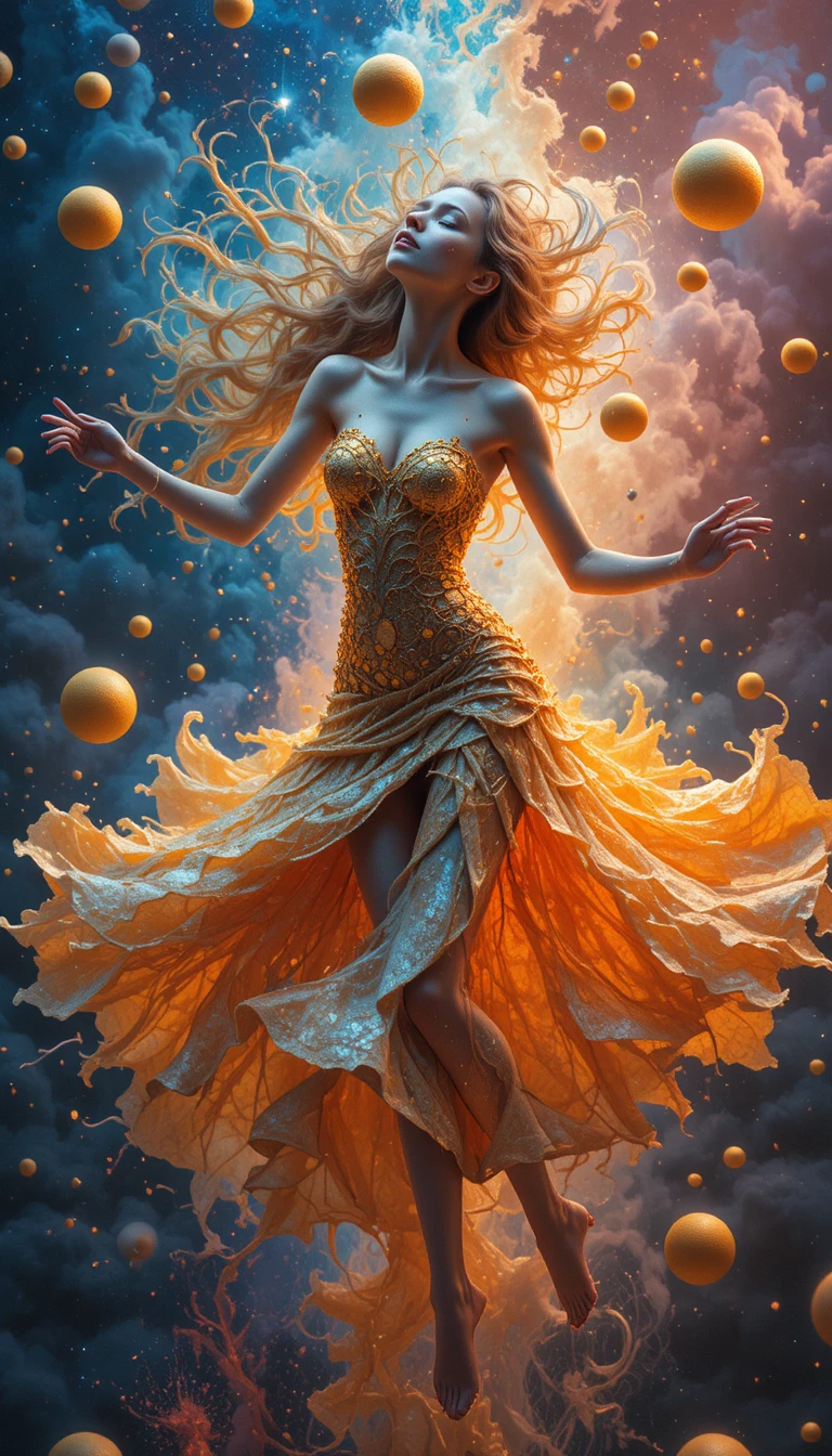 Surreal citrus spinning in a colorful cosmic void
