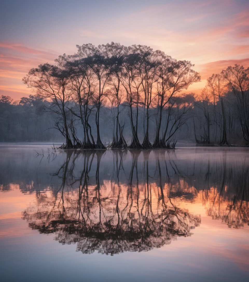 Coucher de soleil paisible sur une rivière avec arbres dénudés et reflets parfaits