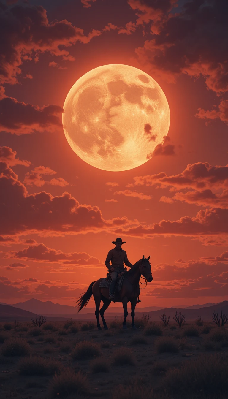 Cowboy solitário a cavalo diante de um pôr do sol ardente no deserto