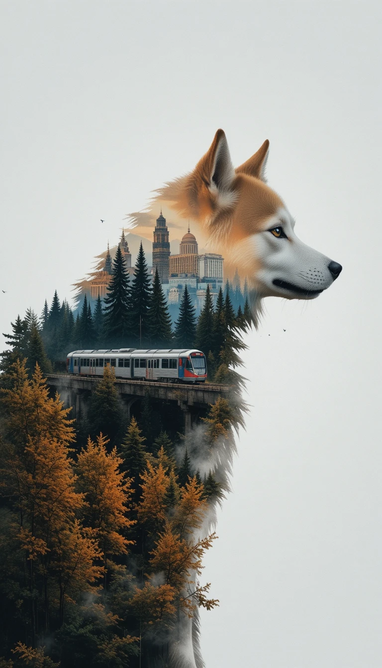 Silhueta de cão akita em dupla exposição com cidade e floresta