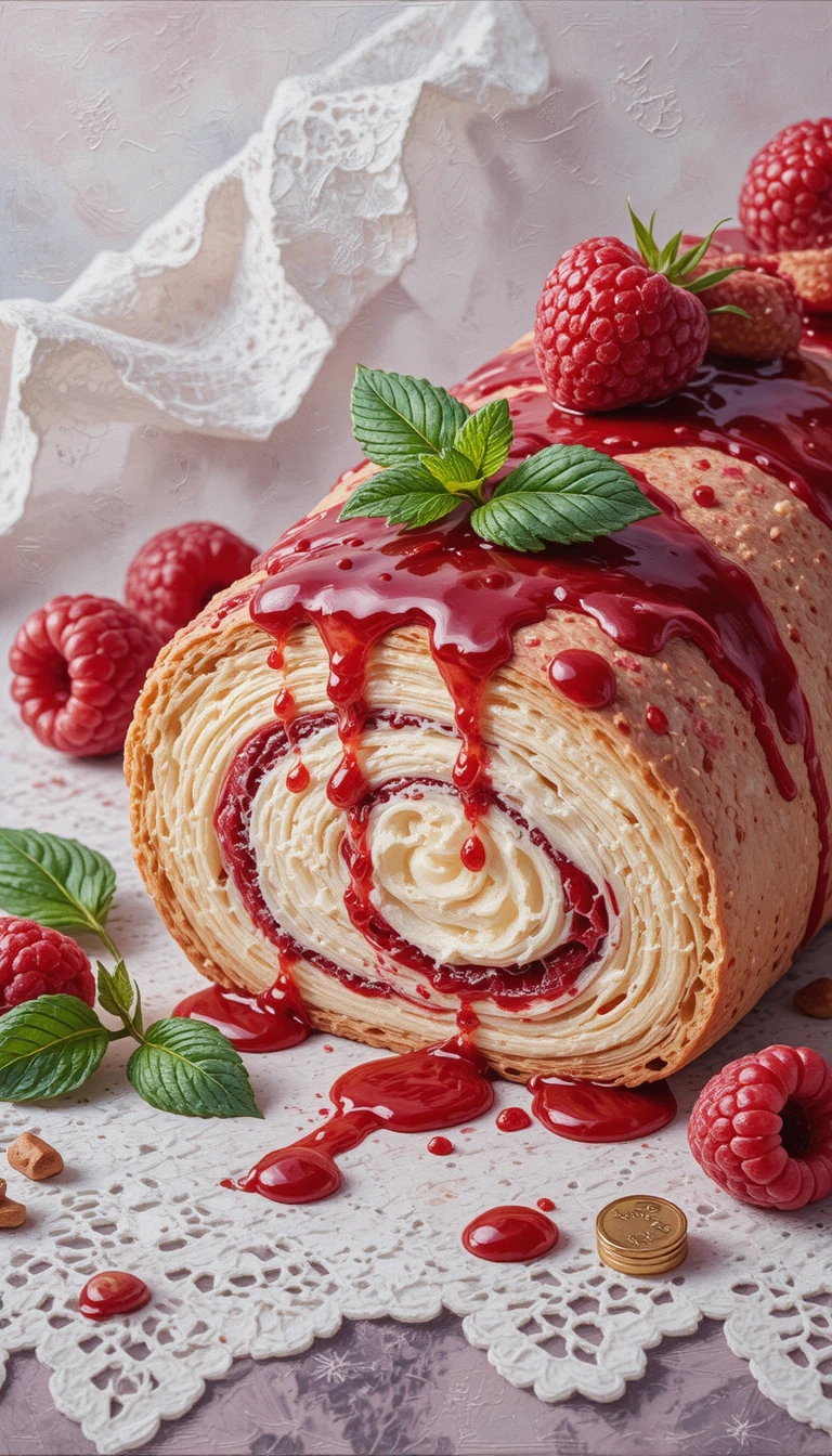 Pintura a óleo em close de sobremesa de rocambole de merengue com framboesa