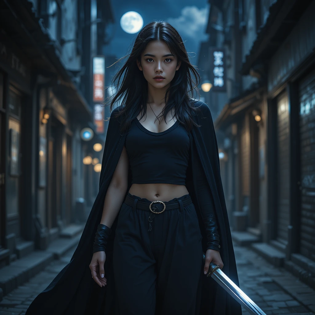 Dark haired warrior woman in a moonlit city alley