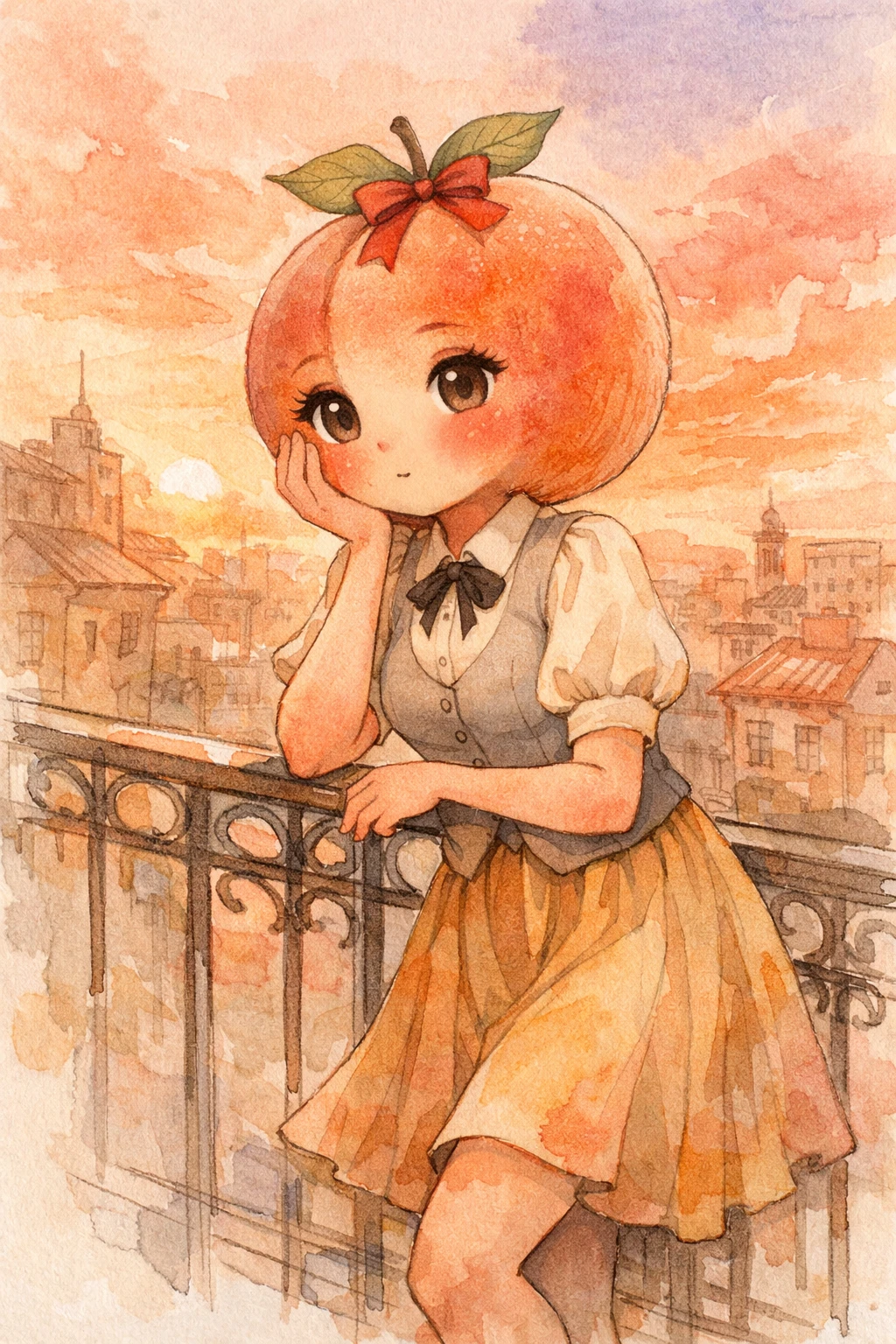 夕陽陽台上的擬人化桃子女子