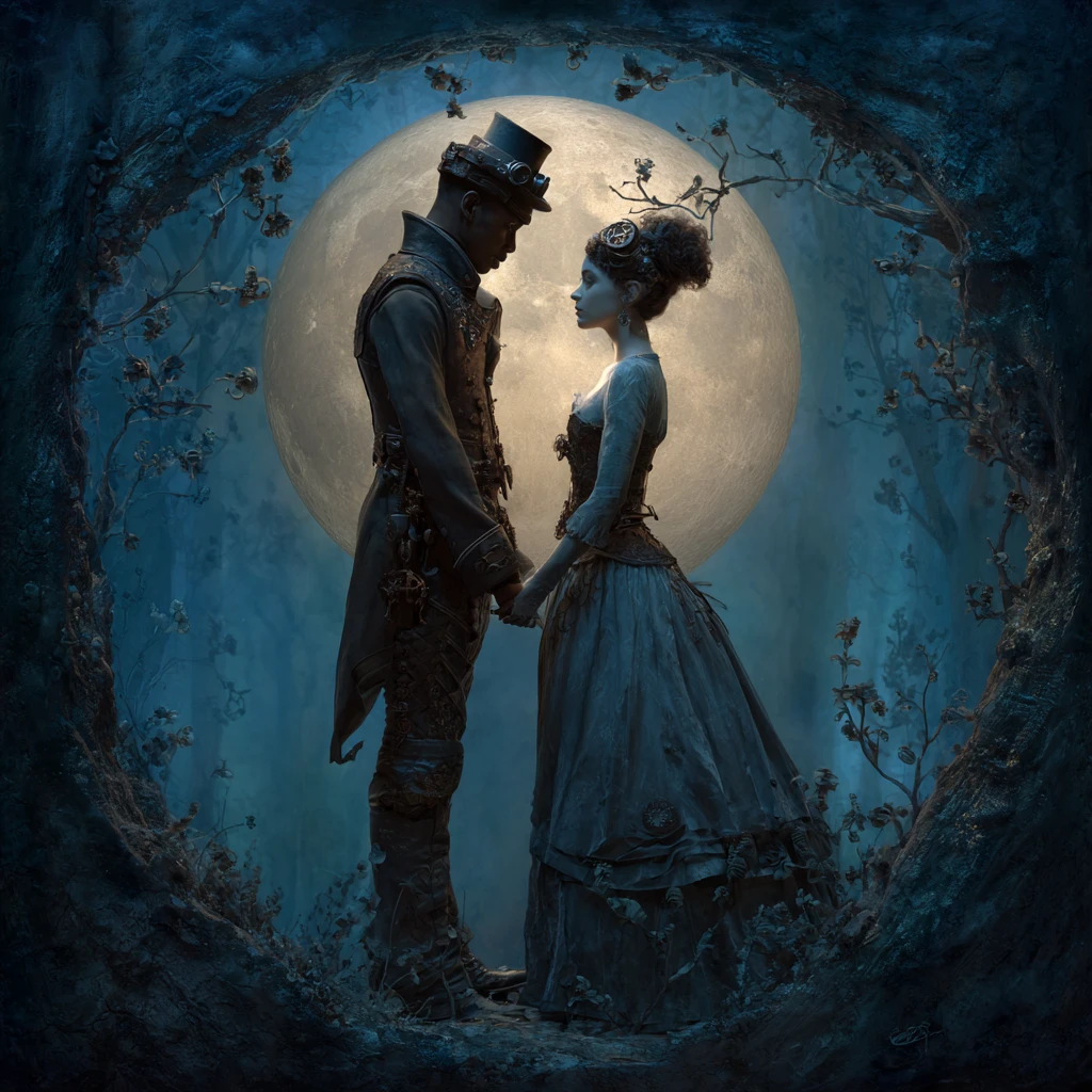 Dunkles Steampunk-Paar, das sich im mondbeschienenen Wald an den Händen hält