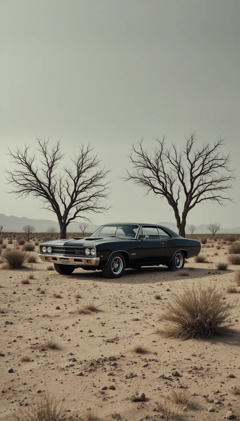 Vintage-Muscle-Car in einer trostlosen Wüste mit kahlen Bäumen
