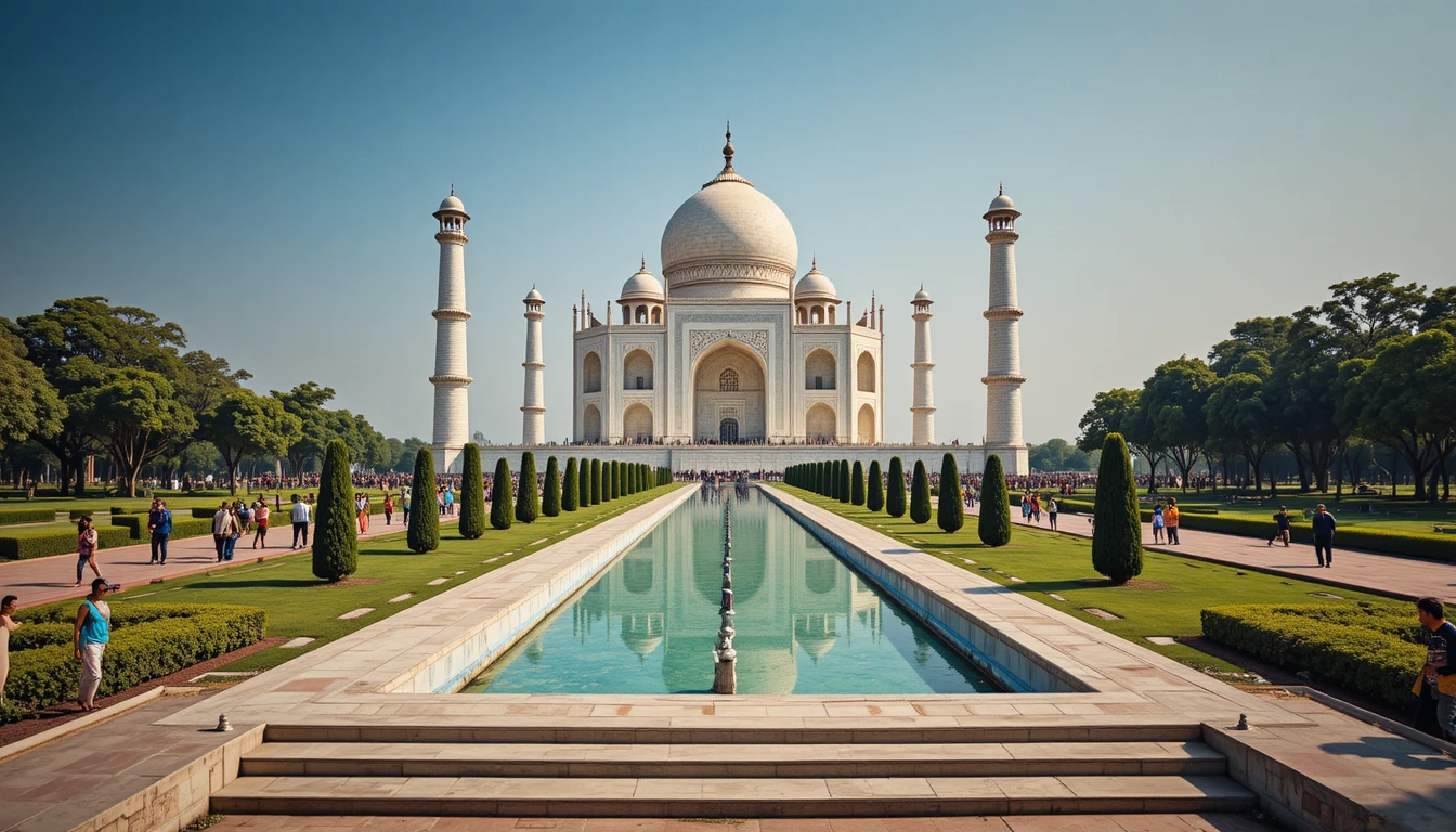 Majestic Taj Mahal Reflected In Pool Under Clear Day Sky
