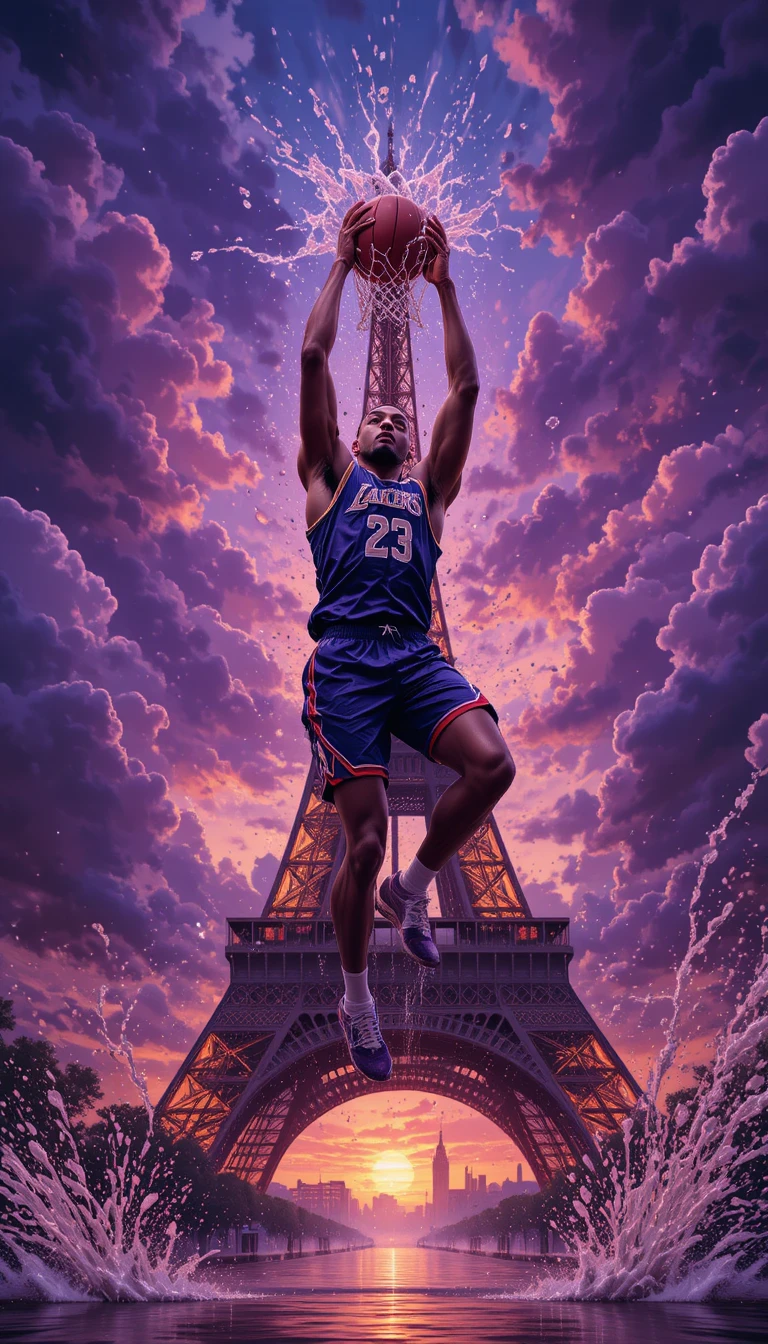 Basketball Player Dunking Before A Vibrant Eiffel Tower Sky