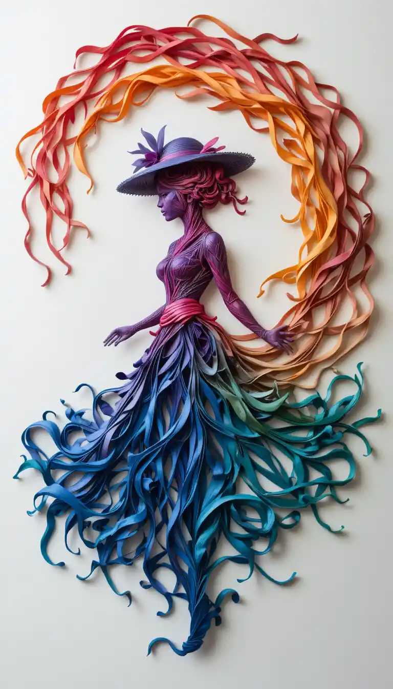 Colorful ribbon silhouette of a woman in a stylish hat