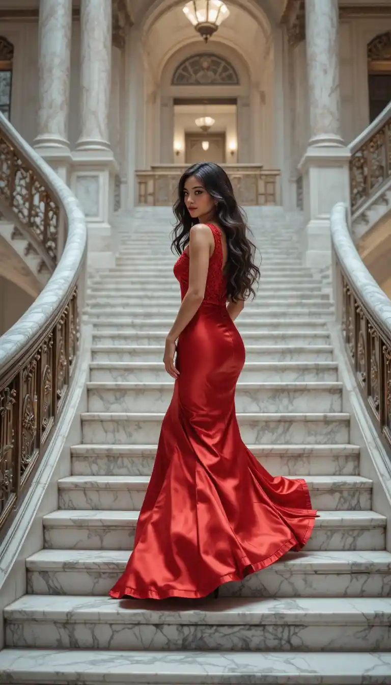 Mulher elegante em vestido de cetim vermelho em escadaria de mármore