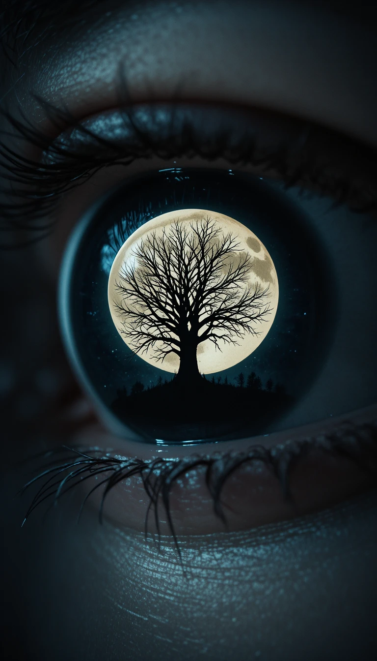 Close-up de globo ocular humano com íris escura e árvore ao luar