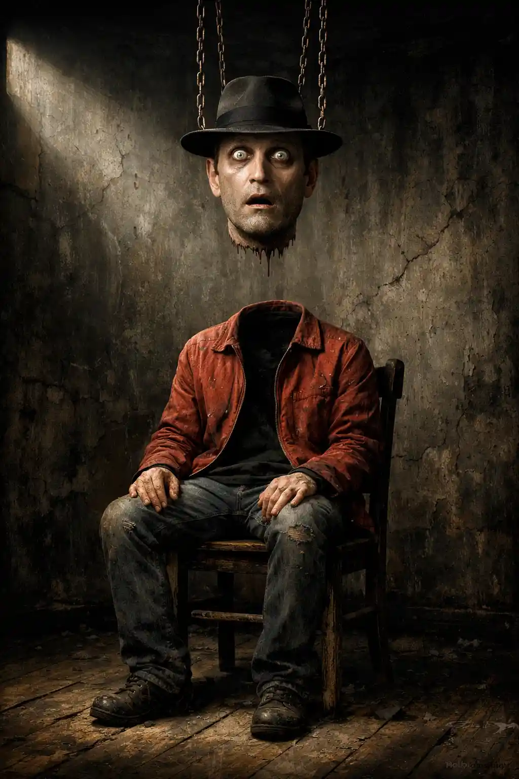 Silhouette surréaliste sans tête sous une tête en chapeau fedora enchaînée