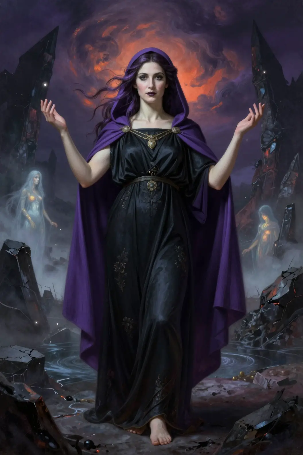 Maestosa donna greca simile a Persefone in un oscuro oltretomba