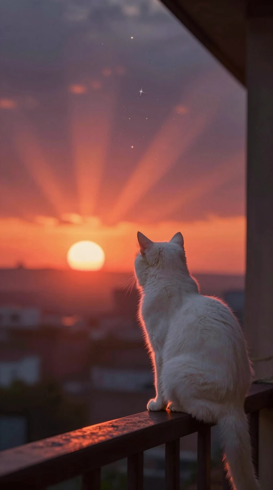 Gato branco na varanda observando um céu de pôr do sol radiante