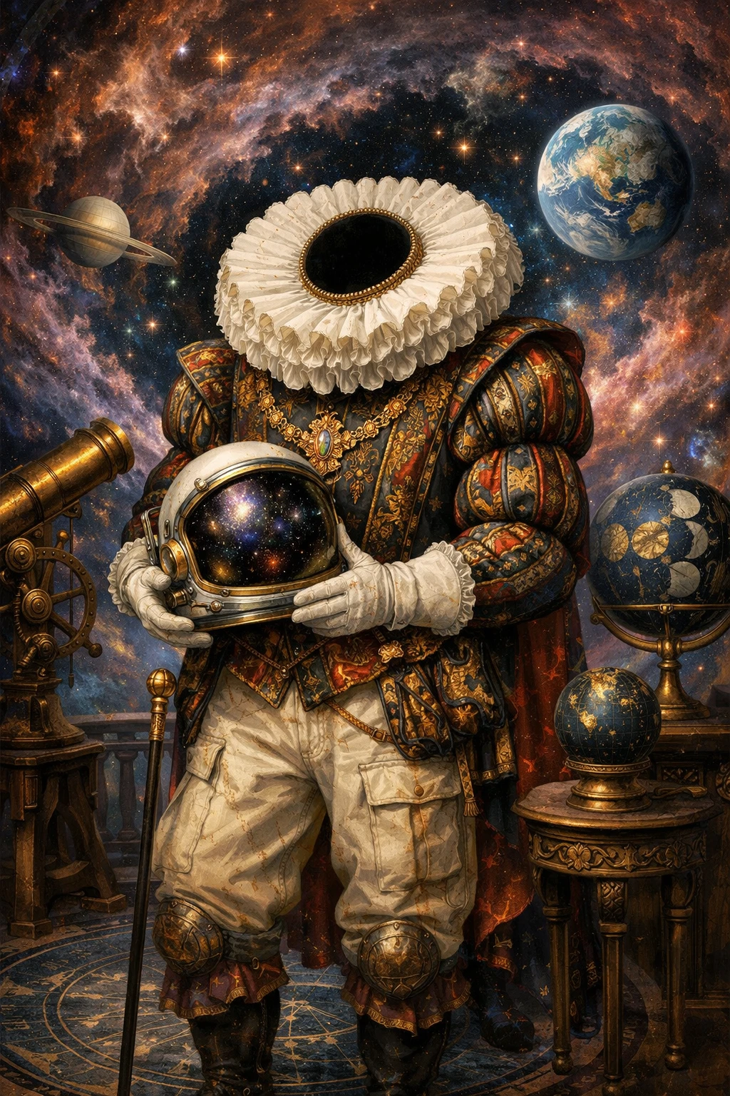 Renaissancefigur mit Rüsche, die einen Astronautenhelm hält