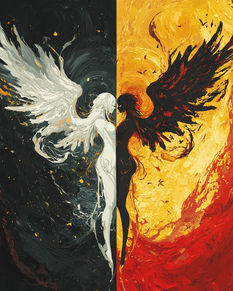 Illustrazione astratta in stile anime sulla dualità tra paradiso e inferno