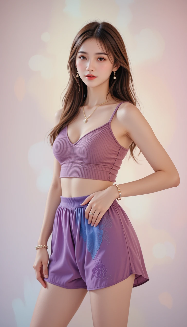 Fröhliches Studio-Porträt einer stilvollen Frau im Crop-Top