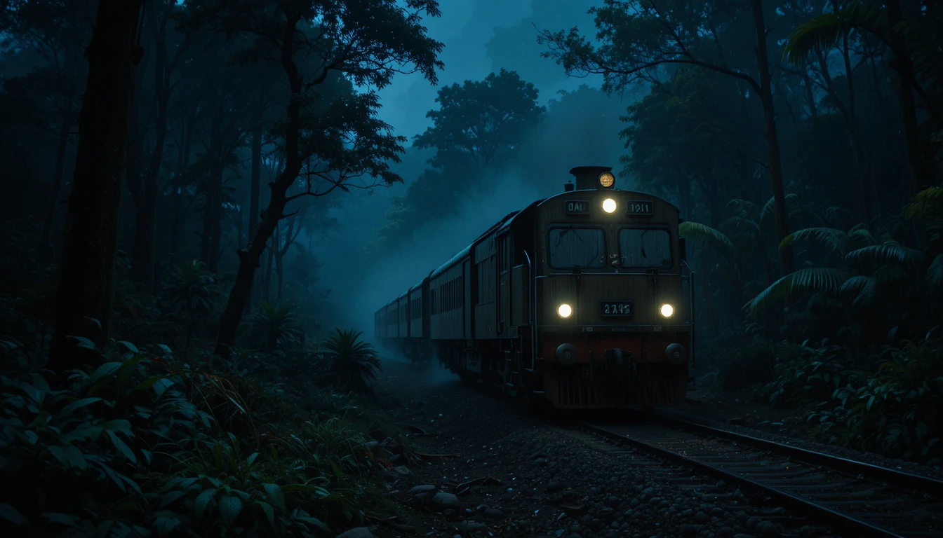 Train de nuit traversant une jungle brumeuse sous la pluie