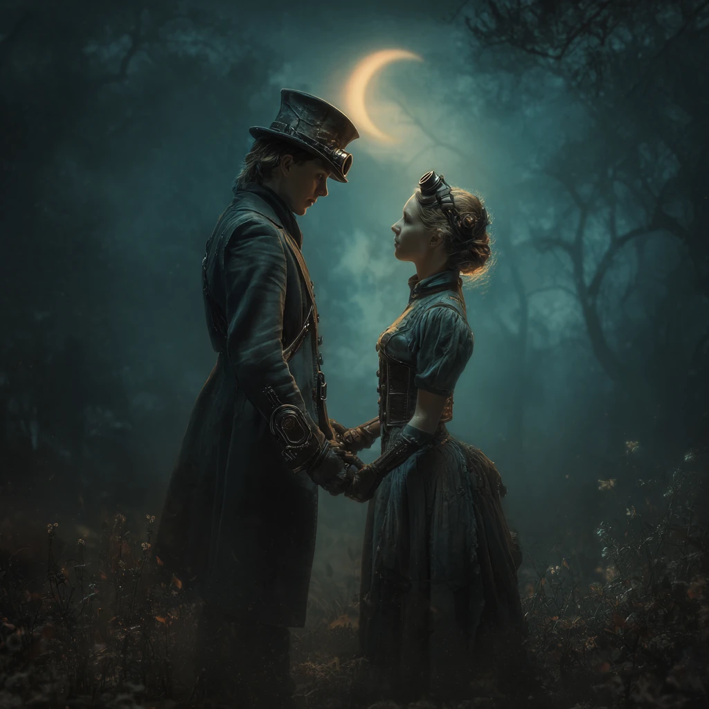 Casal steampunk sombrio de mãos dadas em floresta ao luar